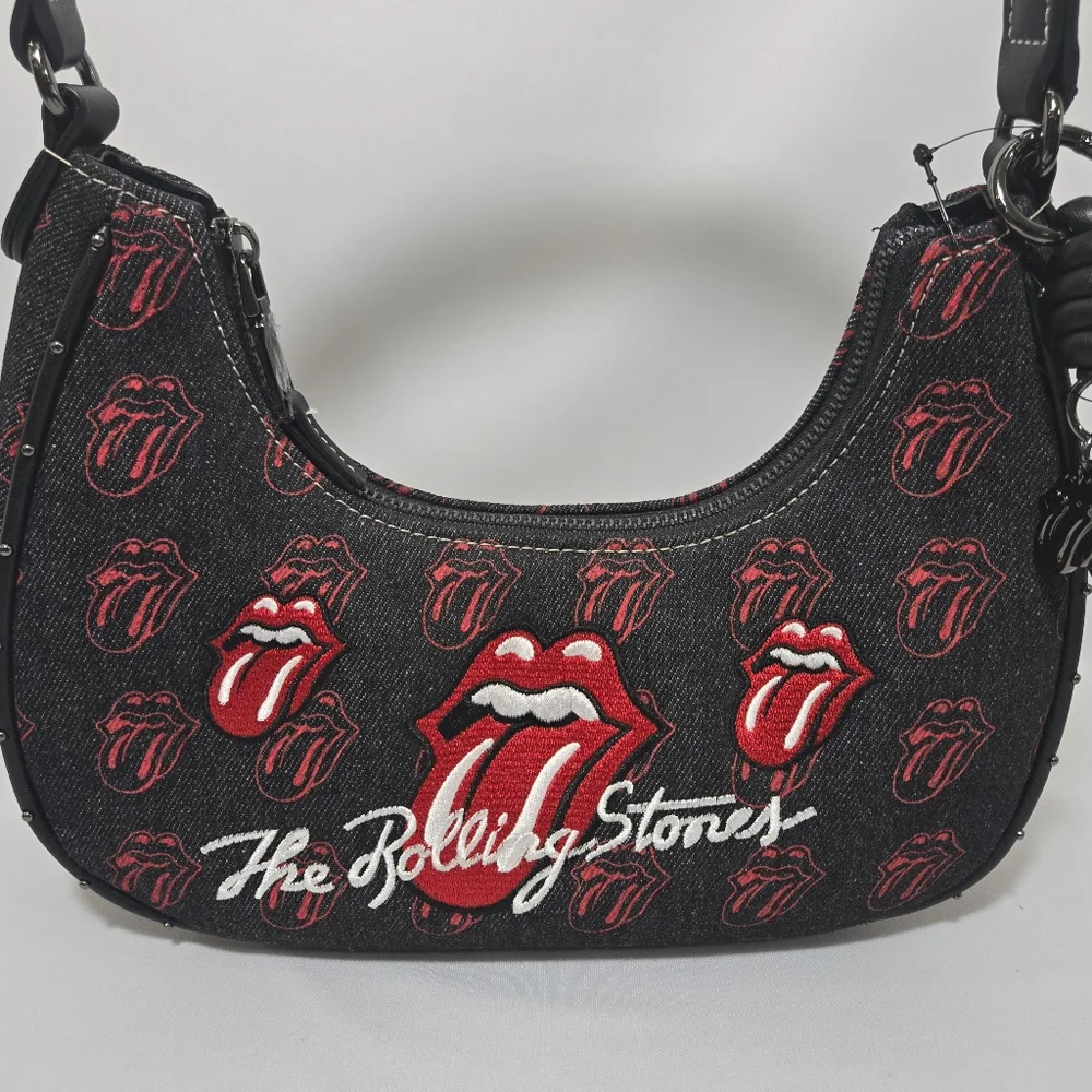 The Rolling Stones All-Over Tongue Logo Black Denim Small Hobo Bag